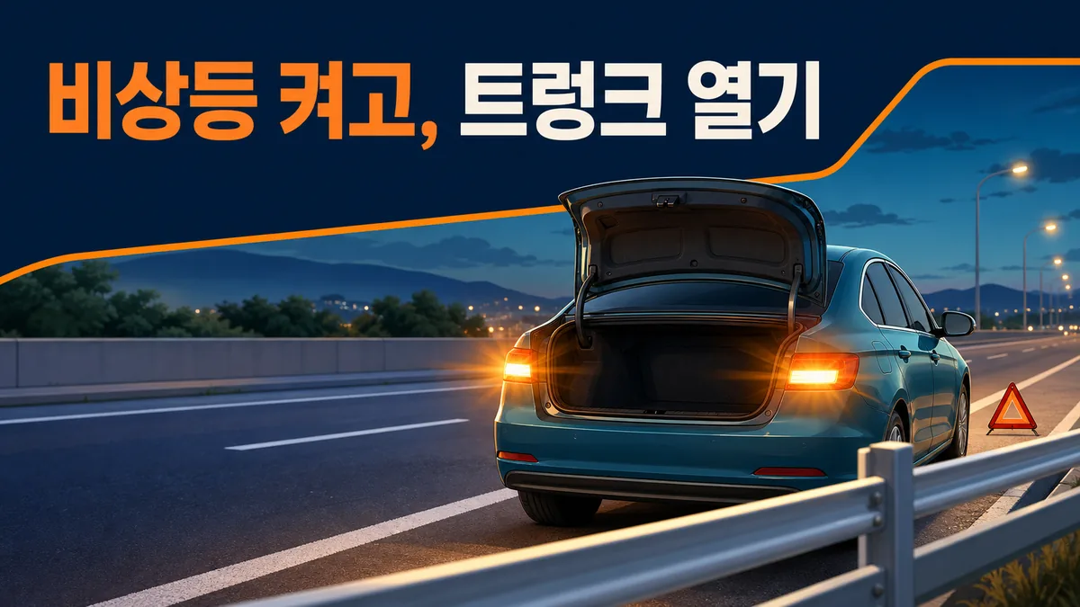 고속도로 갓길에 정차한 차량이 비상등을 켜고 트렁크를 열어 뒤 차량에 위험을 알리는 장면