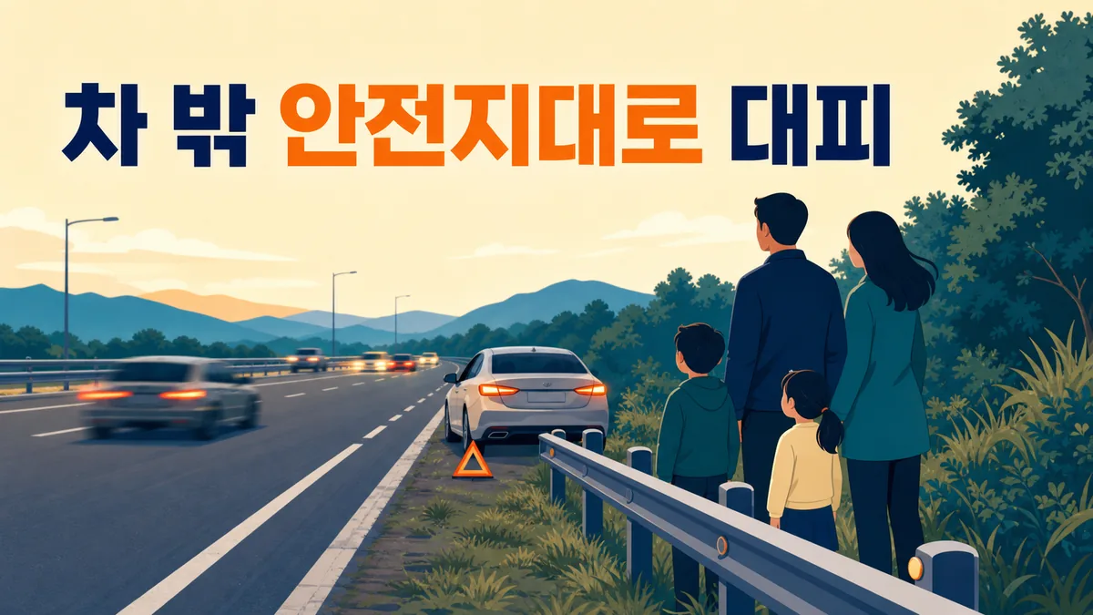 고속도로 정차 차량에서 벗어나 가족이 진행 차로 반대편 가드레일 밖 안전지대로 대피한 모습