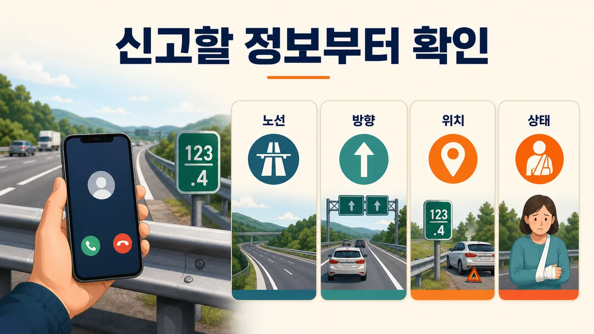 고속도로 사고 신고 전 노선·진행방향·이정표 위치·차량 상태를 확인하는 안내 카드