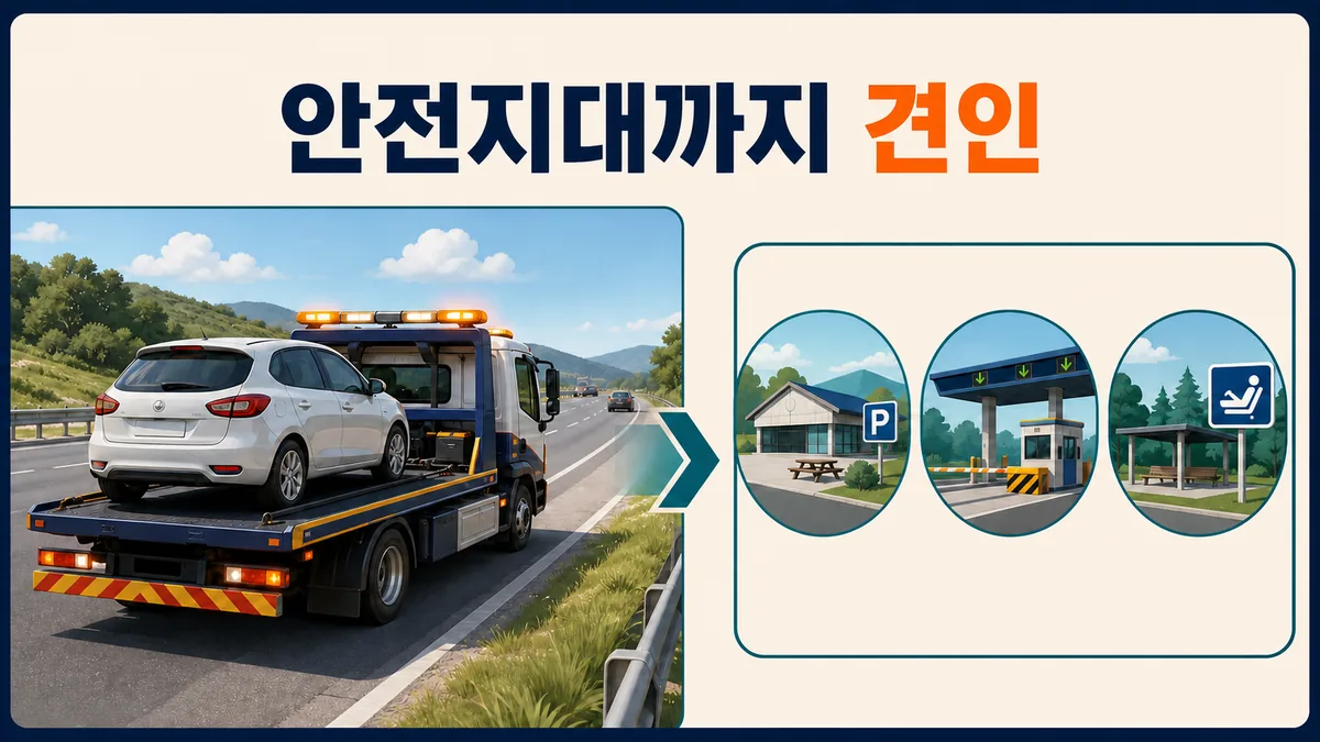 고속도로에 멈춘 소형차를 견인차가 가까운 휴게소·영업소·졸음쉼터 안전지대로 옮기는 모습