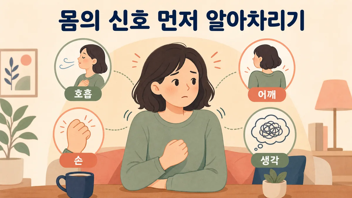 호흡·어깨·손·생각의 변화를 살펴 짜증이 커지기 전 스트레스 신호를 알아차리는 장면