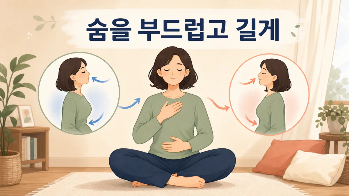 편안한 자세에서 한 손을 가슴과 배에 두고 숨을 부드럽고 길게 내쉬는 복식호흡 연습