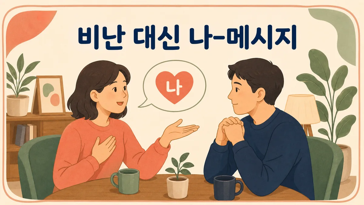 두 사람이 비난 표현 대신 자신의 감정과 필요를 설명하는 나-메시지로 차분히 대화하는 모습