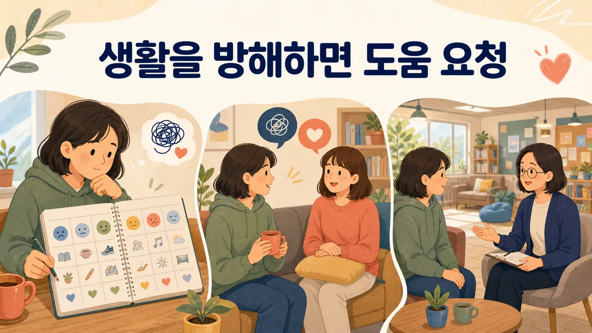 감정과 생활 변화를 기록하고 가까운 사람과 지역 정신건강 전문가에게 단계적으로 도움을 요청하는 모습
