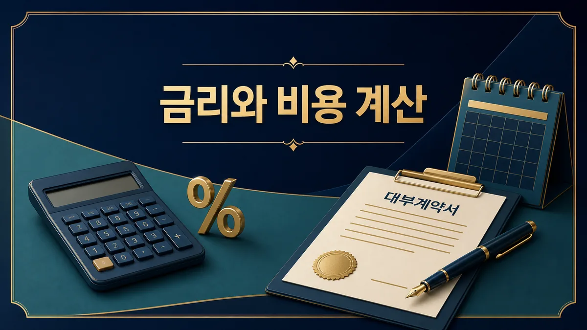 계산기와 계약서로 전당포 대부 금리와 부대비용을 계산하는 안내 카드