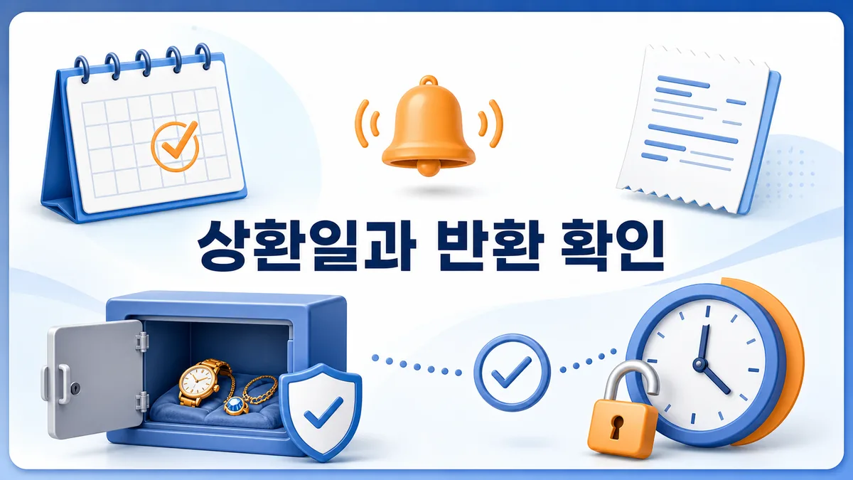 달력과 영수증을 확인한 뒤 전당포 담보물을 반환받는 상환일 점검 카드