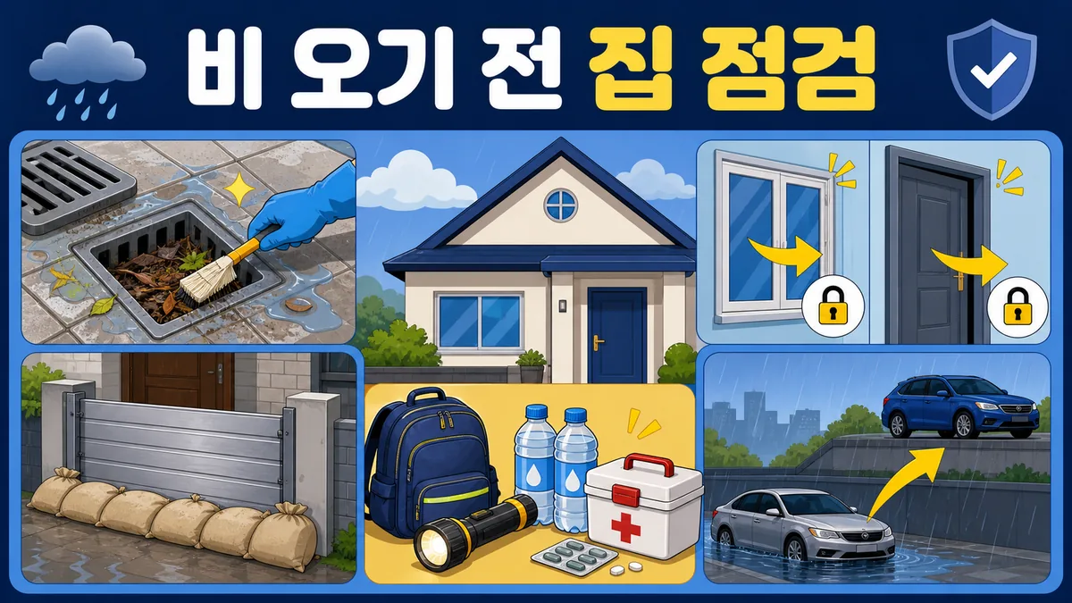 집 배수구 청소와 창문 잠금, 물막이판, 비상가방, 차량 이동을 보여주는 집중호우 사전 점검 카드