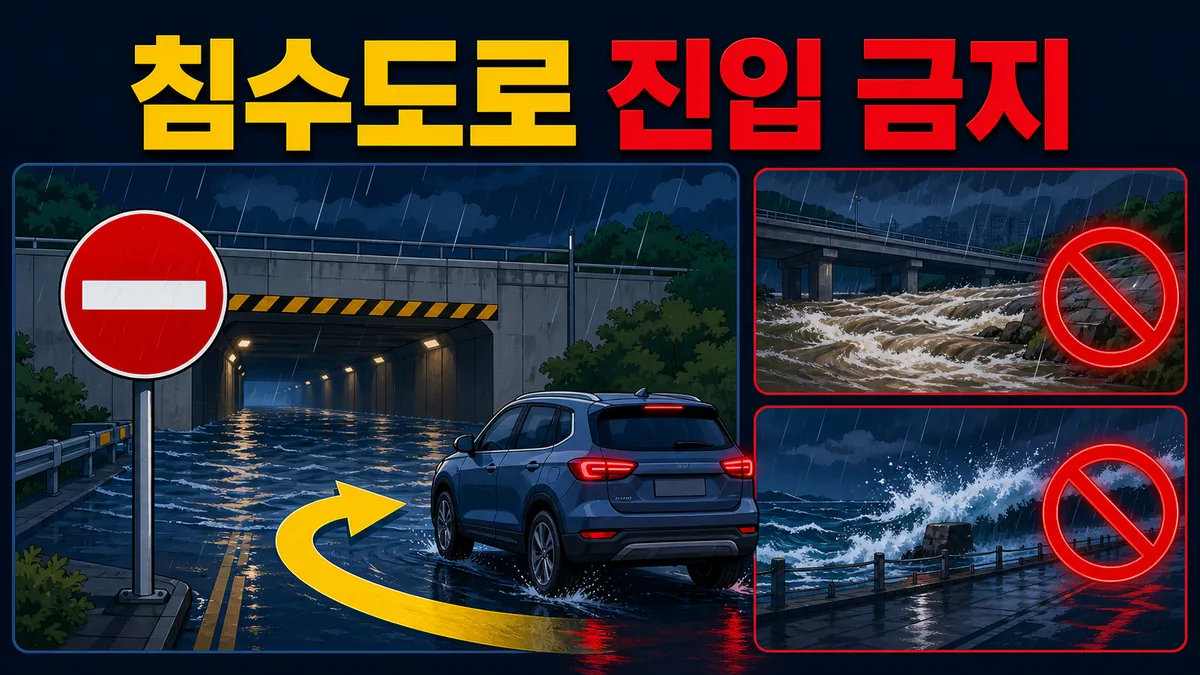 물이 찬 지하차도와 침수도로 앞에서 차량이 방향을 돌리고 하천과 해안 접근을 피하는 안전 카드