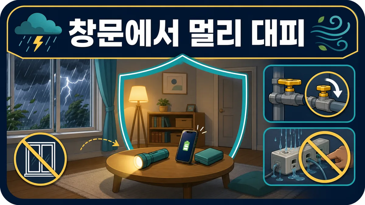 폭풍우 때 창문에서 떨어진 실내 안전 공간과 손전등, 휴대전화, 가스와 전기 주의사항을 보여주는 대피 카드