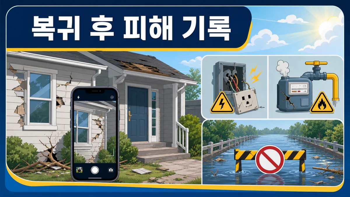 집중호우 뒤 주택 피해를 수리 전에 촬영하고 파손된 전기와 가스 설비를 점검하며 침수 교량을 피하는 카드
