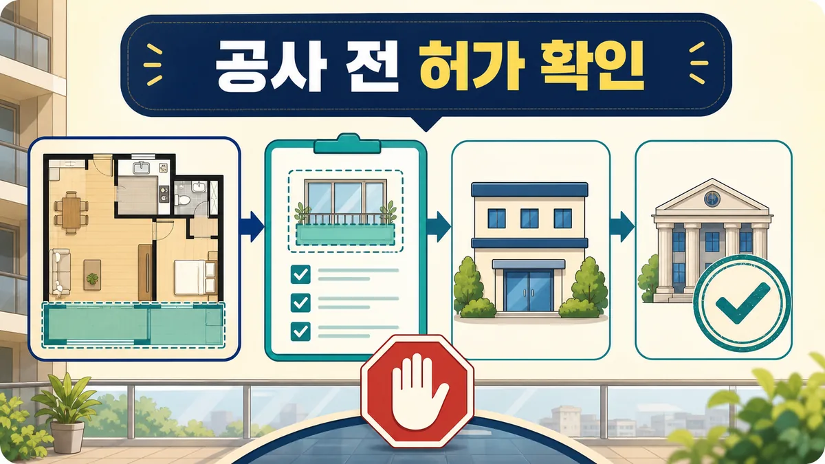 아파트 평면도와 발코니 공사 범위 체크리스트를 관리사무소와 관할 지자체에 확인하는 절차 카드