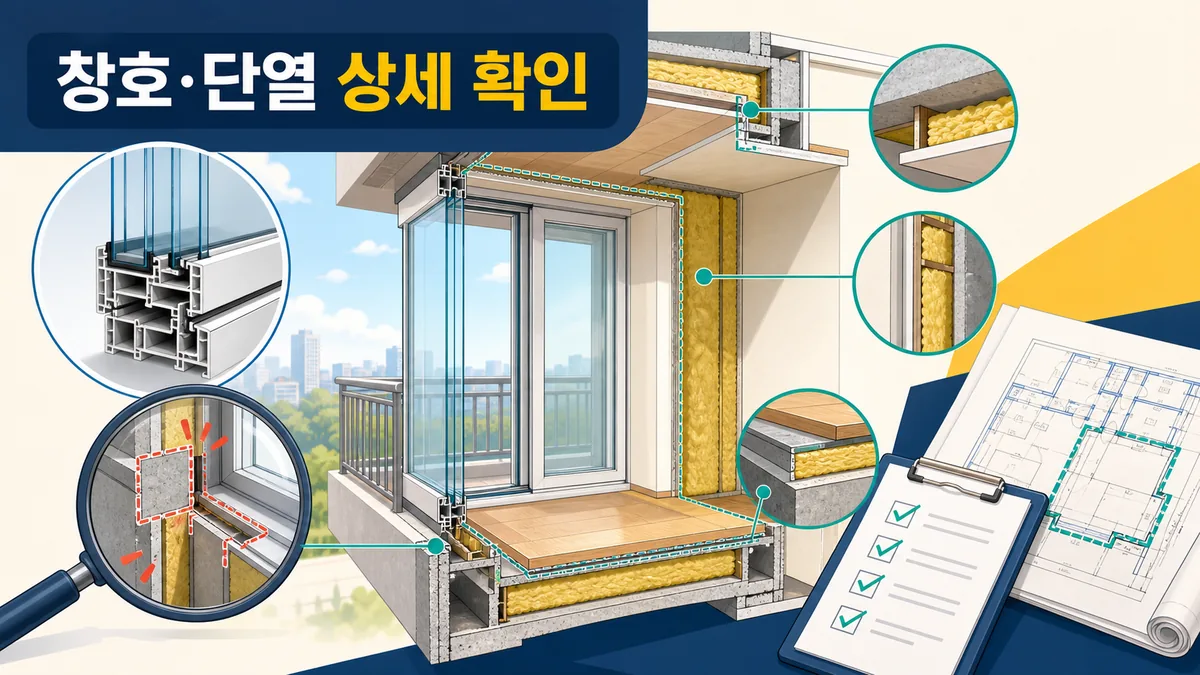 발코니 확장 창호 단면과 벽 바닥 천장 단열 연결부, 계약 도면의 상세 사양을 확인하는 카드