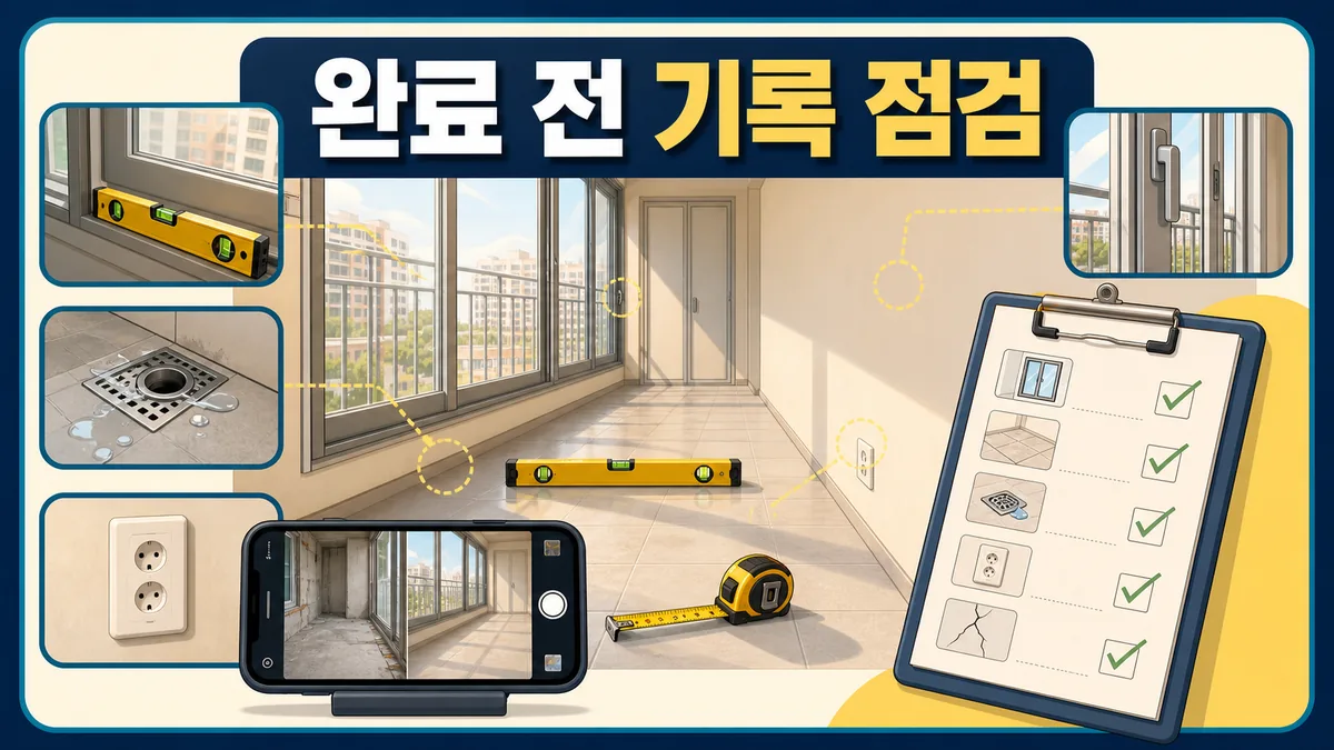 발코니 확장 완료 전에 창호 바닥 배수구 콘센트를 점검하고 공사 전후 상태를 촬영하는 검수 카드