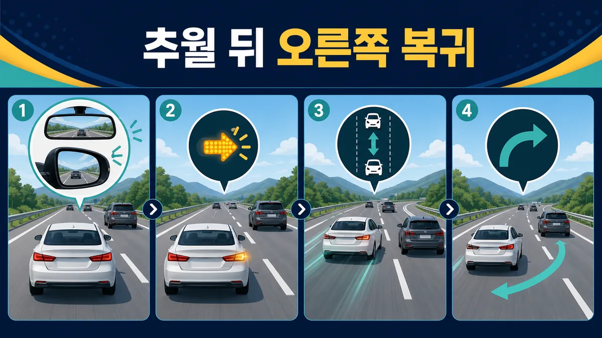 거울 확인과 방향지시등 사용, 안전거리 확보 후 오른쪽 주행차로 복귀 순서를 나타낸 카드 이미지