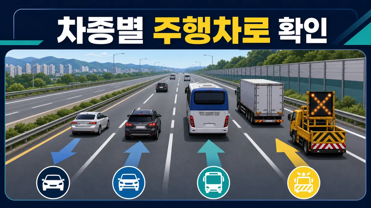 편도 4차로 고속도로에서 승용차와 버스, 화물차, 작업차의 차종별 주행차로를 구분한 이미지