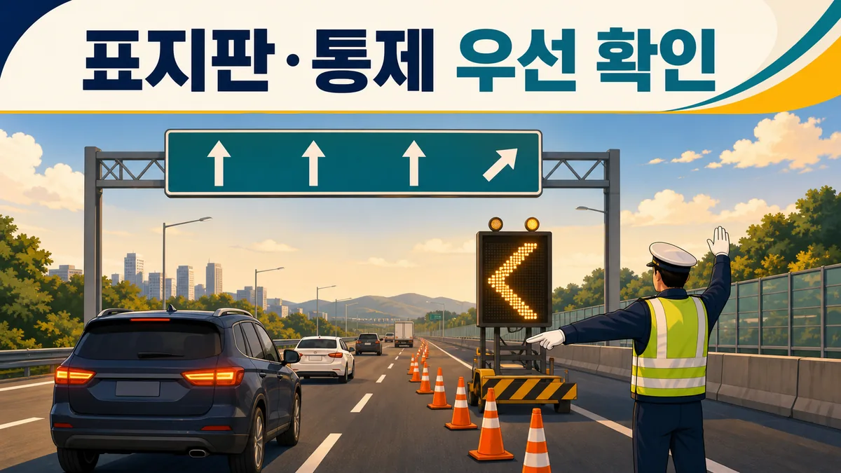 고속도로 공사 구간에서 표지판과 전광판, 교통통제 지시에 따라 차로를 이동하는 상황을 보여주는 이미지