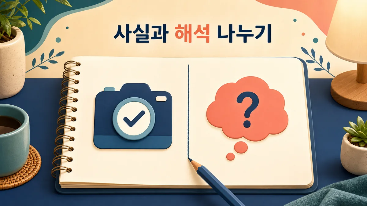 업무 실수 뒤 관찰 가능한 사실과 머릿속 해석을 두 칸으로 나누는 노트 카드 이미지