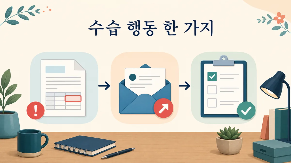 오류 확인 후 수정본 작성과 전달, 확인 표시로 이어지는 한 가지 수습 행동 흐름 이미지