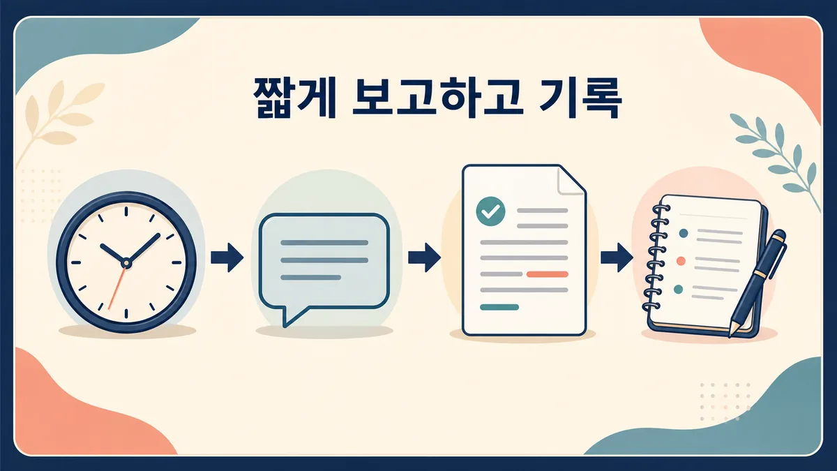 업무 오류를 짧게 보고하고 수정 문서와 재발 방지 사항을 기록하는 순서 카드 이미지