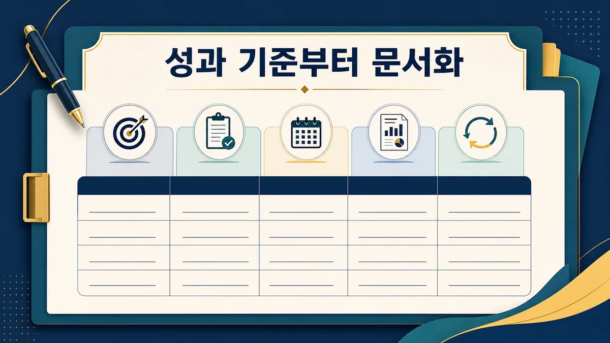 블로그마케팅 계약에서 성과 기준과 산출물 범위를 문서화하는 카드형 안내 이미지