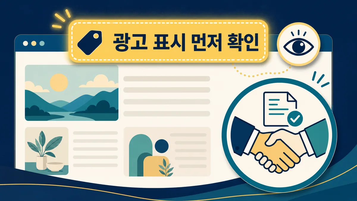 블로그 협찬과 후기형 콘텐츠의 광고 표시 위치를 먼저 확인하도록 안내하는 카드 이미지
