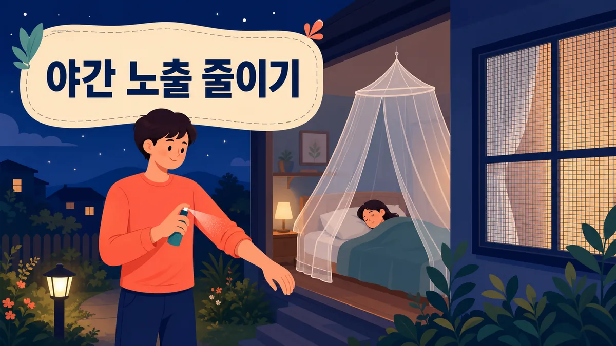 해질 무렵부터 새벽까지 야외 노출을 줄이고 긴 옷과 방충망을 사용하는 예방 행동 카드