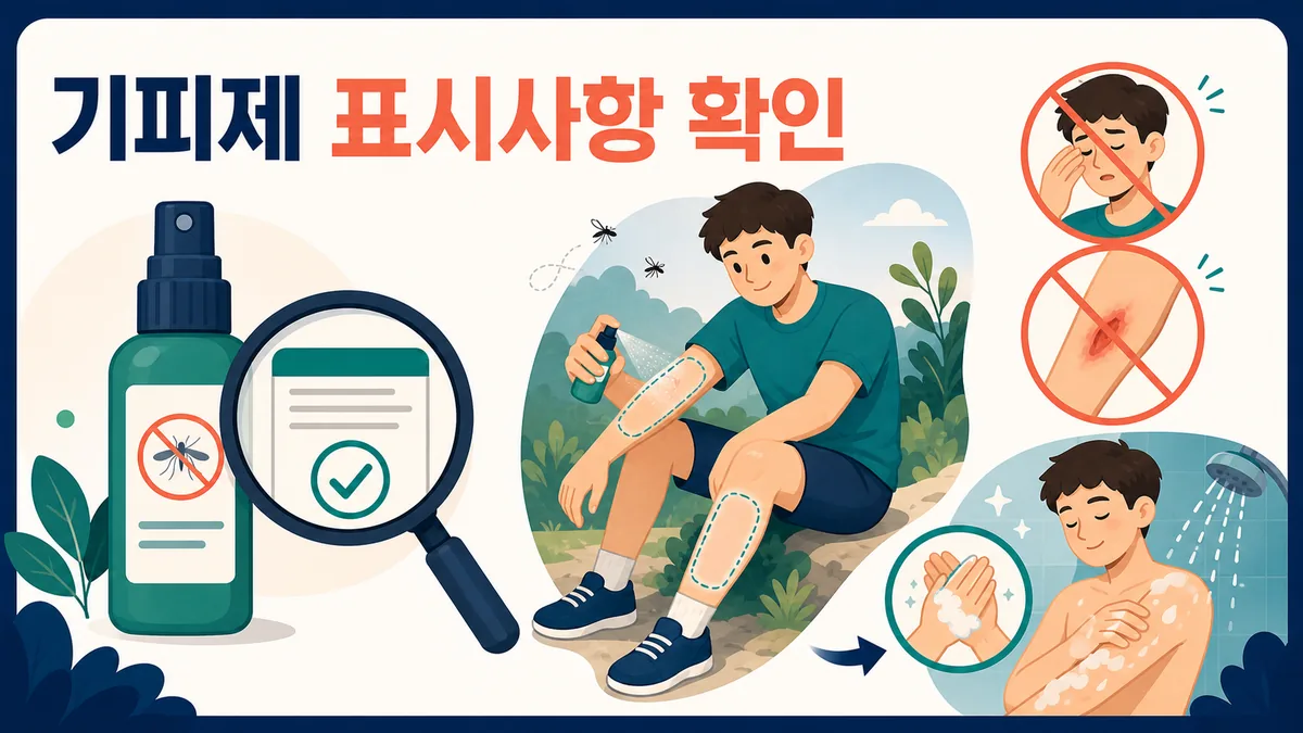 의약외품 모기 기피제의 표시사항과 사용 부위 및 세척 수칙을 확인하는 카드