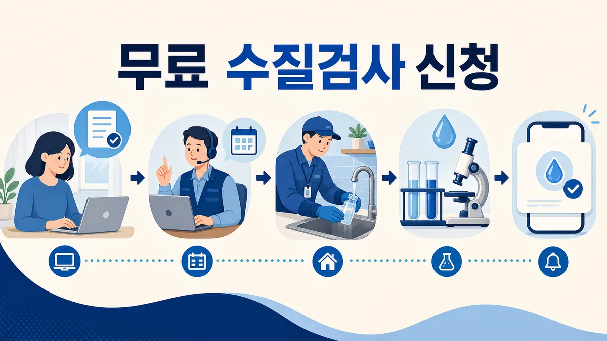 온라인 신청부터 담당자 방문 채수와 검사 결과 알림까지 무료 수질검사 절차를 보여주는 카드