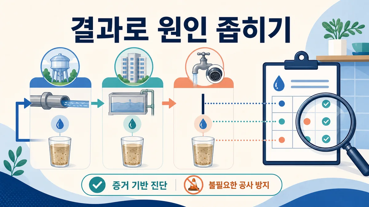 공급관과 공용설비 및 개별 수도꼭지 중 검사 결과로 점검 대상을 좁히는 배관 흐름 카드