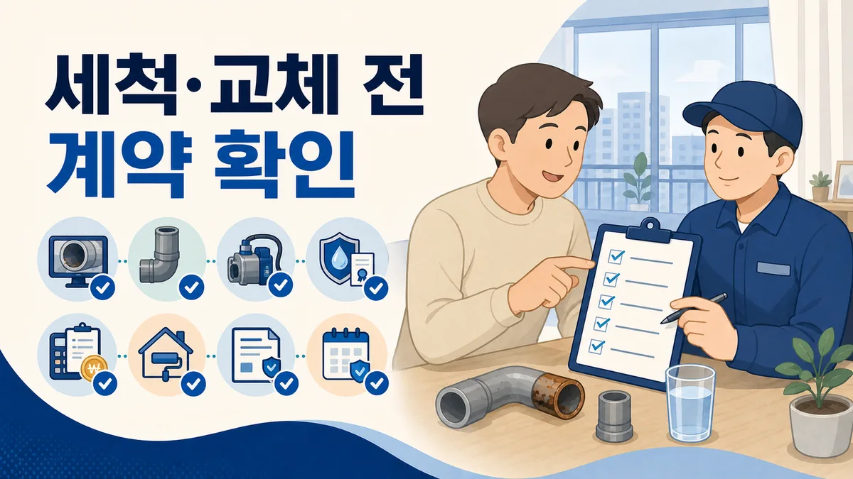 급수관 세척이나 교체 전에 공사 구간과 자재 및 비용과 복구 조건을 계약서로 확인하는 카드