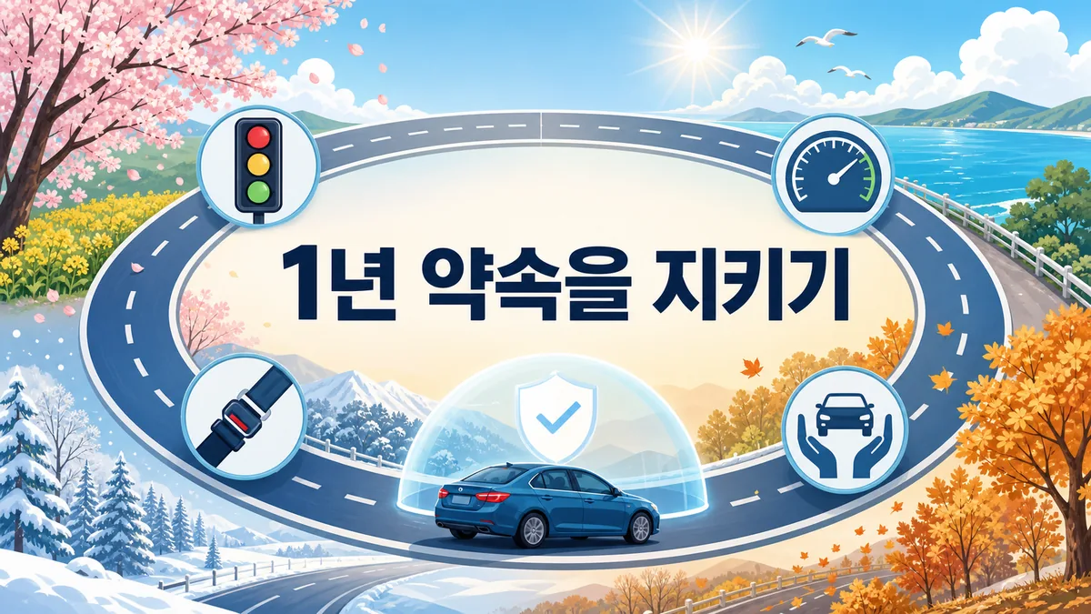 사계절 도로와 안전운전 표지로 표현한 1년 무위반 무사고 서약 이행 카드