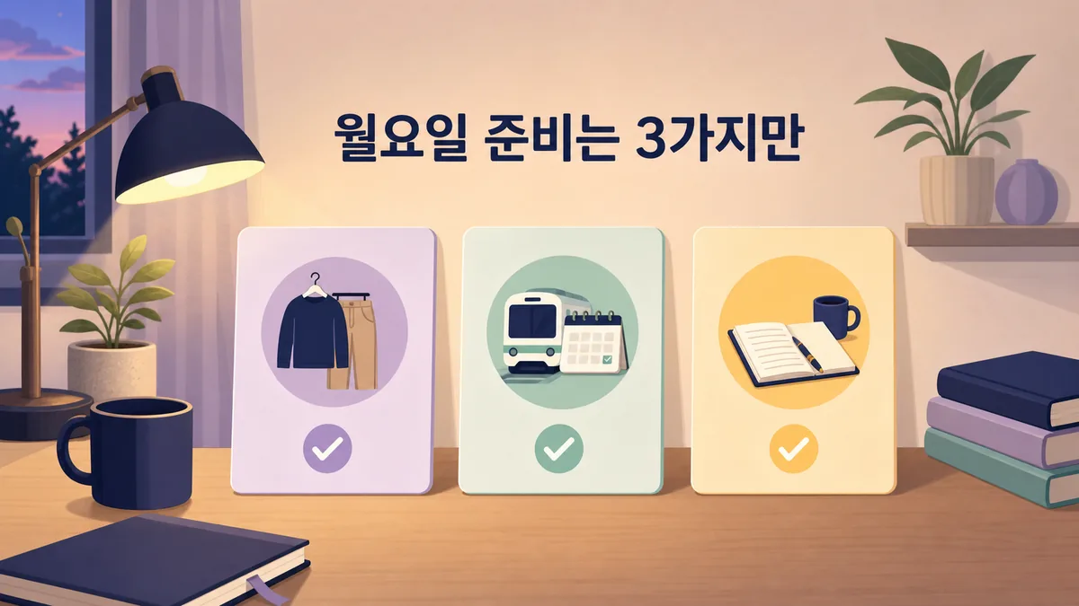 옷과 이동 일정과 첫 업무 한 가지로 월요일 준비를 세 항목에 제한한 안내 카드