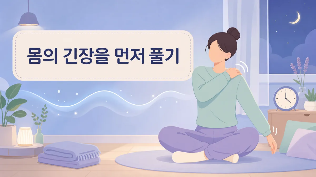느린 호흡과 어깨 이완과 가벼운 스트레칭으로 신체 긴장을 낮추는 저녁 루틴 카드