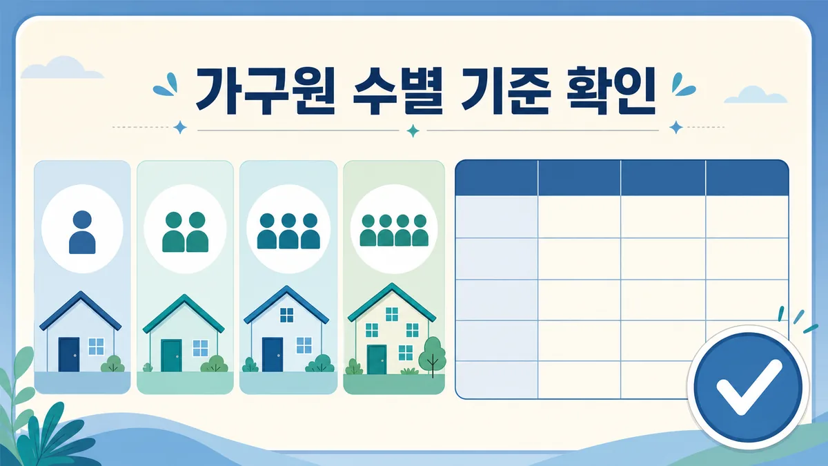 2026 생계급여의 1인부터 4인 가구원 수별 선정기준을 비교하는 표와 가구 그림