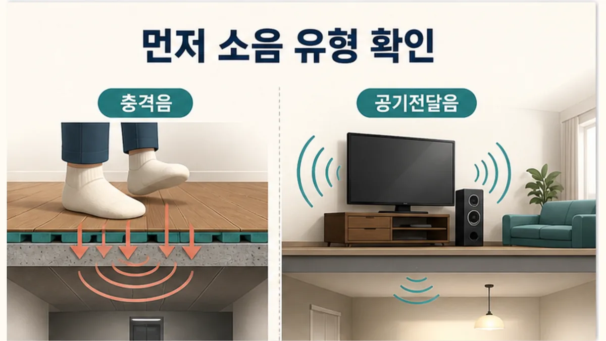 아파트 바닥 충격음과 텔레비전 공기전달음을 나란히 구분해 층간소음 유형 확인을 돕는 그림