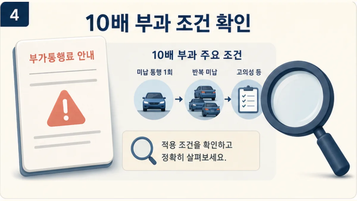 하이패스 일회성 미납과 반복 미납, 부당 감면 등 10배 부가통행료 적용 조건을 구분해 확인하는 그림