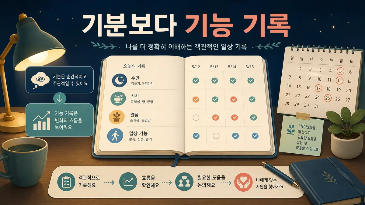수면·식사·관심·일상기능을 날짜별로 기록해 무기력 변화 흐름을 확인하는 일지 그림