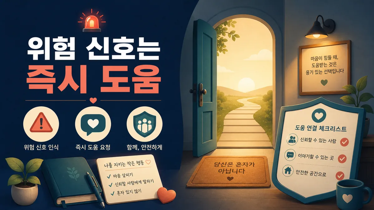 자해·자살 생각 등 위험 신호가 있을 때 즉시 도움을 요청하고 안전한 공간으로 이동하는 그림