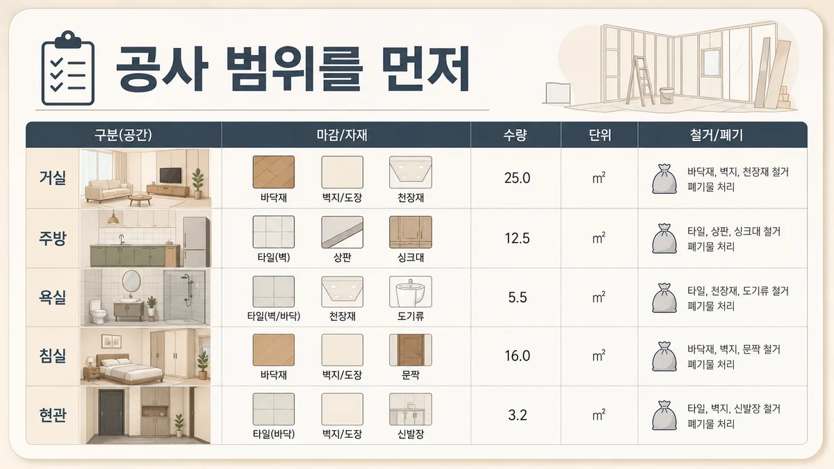 거실·주방·욕실 등 공간별 자재 수량과 철거·폐기 범위를 나눈 대전 인테리어 공사범위표