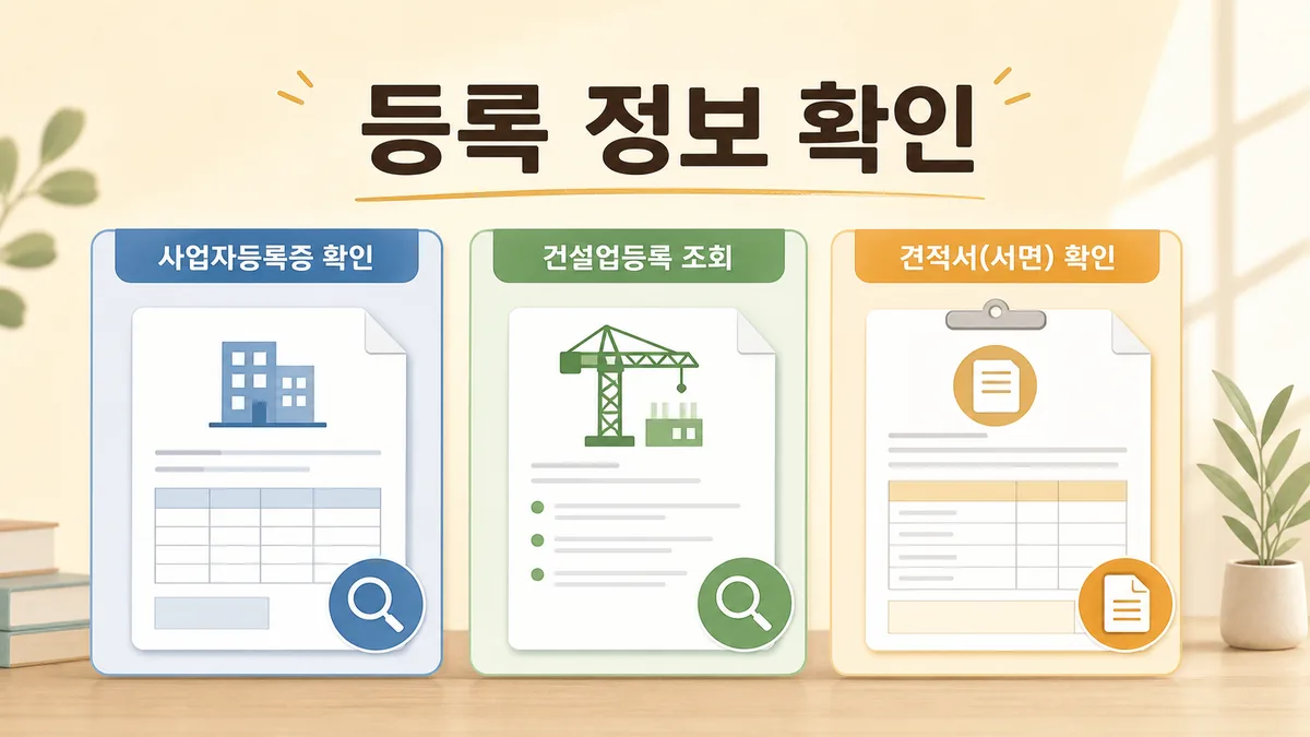 사업자등록증과 건설업 등록조회, 서면 견적서를 차례로 확인하는 인테리어 업체 검증 카드