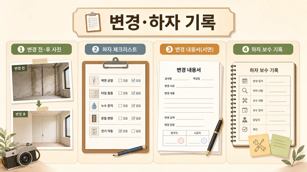 공사 전후 사진과 변경내용서, 하자 체크리스트, 보수 기록을 정리한 분쟁 예방 카드