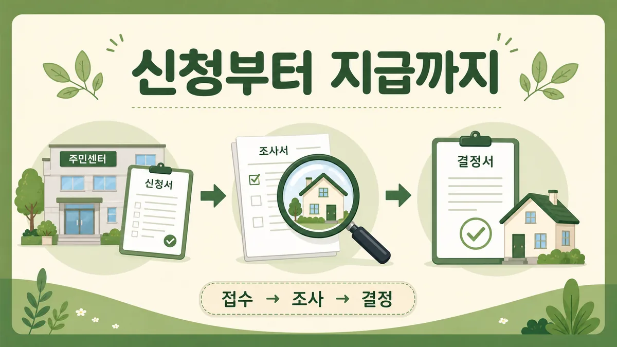 주거급여 신청 접수부터 주택조사와 보장결정까지 절차를 보여주는 카드형 안내 이미지