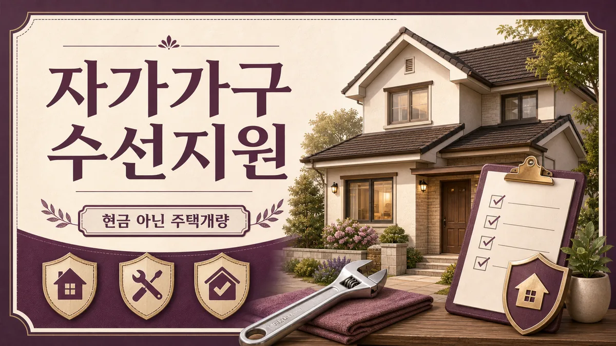 자가가구 수선유지급여가 현금이 아닌 주택개량 지원임을 설명하는 카드형 안내 이미지