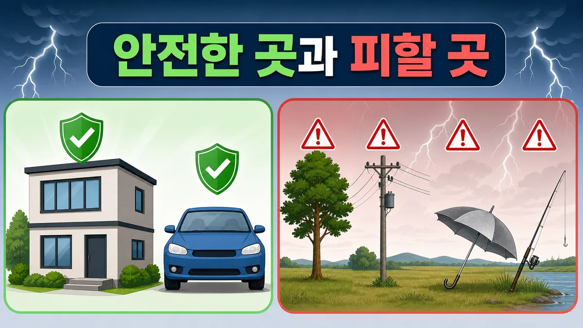 낙뢰 때 안전한 건물과 자동차, 피해야 할 큰 나무·전봇대·들판·우산·낚싯대를 비교한 카드 이미지