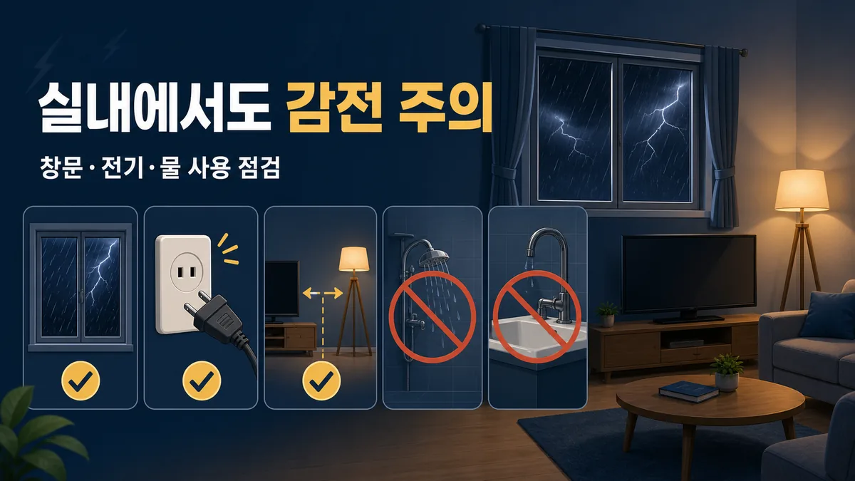 낙뢰 중 실내에서 창문을 닫고 전기제품과 물 사용을 피하는 안전수칙 카드 이미지