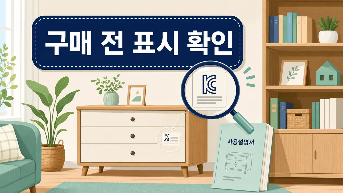 서랍장과 책장, 사용설명서와 KC 표시를 돋보기로 확인하는 구매 전 안전 점검 일러스트