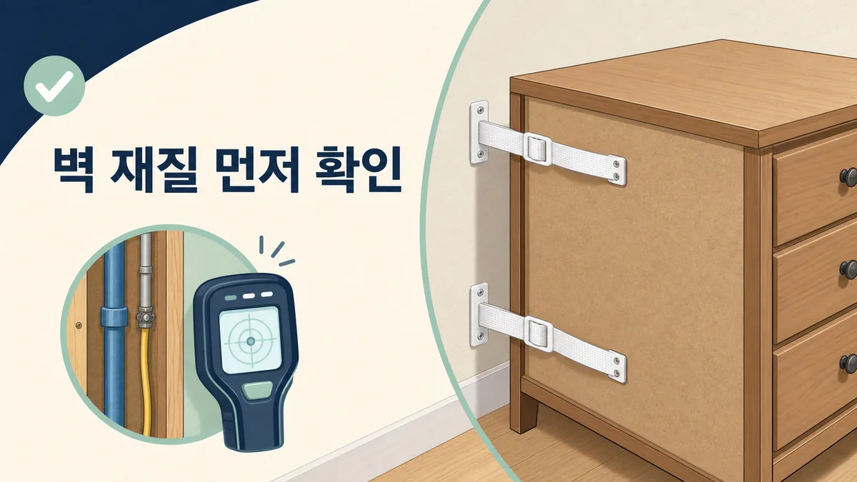 서랍장 벽 고정 전 벽 재질과 내부 배선·배관을 확인하는 안전 스트랩 설치 일러스트