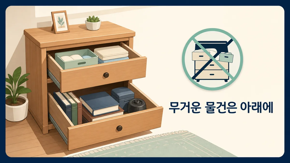 무거운 물건을 서랍장 아래쪽에 수납하고 여러 서랍 동시 개방을 피하는 배치 일러스트