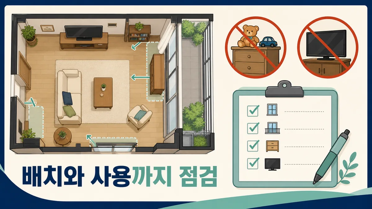 창문과 발코니 주변을 피한 가구 배치와 사용 습관 체크리스트 일러스트