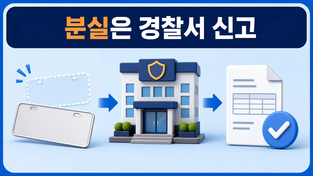 자동차 번호판 분실 후 경찰 민원 창구에서 분실신고접수증을 받는 순서를 나타낸 일러스트